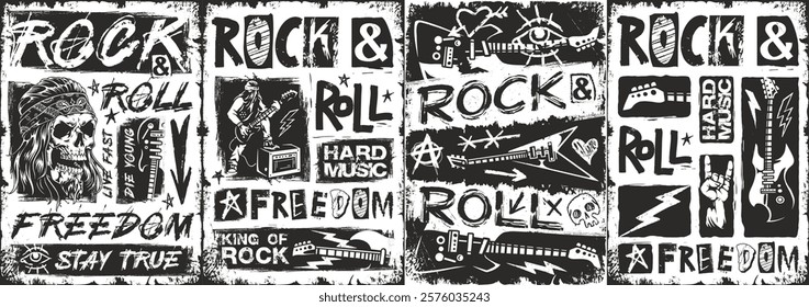 This artwork features bold graphics celebrating rock and roll culture emphasizing themes of freedom and true expression through musical symbols and text.