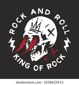 This artwork features a bold skull with a crown and lightning bolts embodying the essence of rock and roll culture. Strong visual elements create a rebellious and edgy vibe.