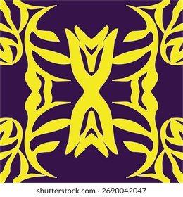 This artwork features a bold symmetrical geometric design in bright yellow and deep purple.  Abstract geometric or tribal-inspired pattern. Dynamic, powerful, and artistic. The yellow, purple.