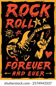 This artwork features a bold and vibrant design centered around a guitar accompanied by classic rock symbols like stars and hearts. It conveys a strong message of music and timelessness.