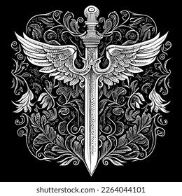 This artwork features a captivating illustration that combines the fierceness of a sword with the elegance of feathered wings, evoking a sense of power and majesty. The intricate details and stunning 