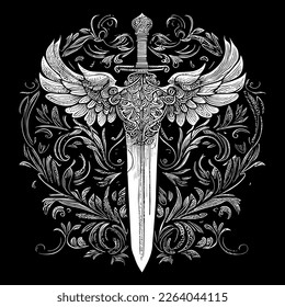 Esta obra de arte muestra una ilustración cautivadora que combina la fiereza de una espada con la elegancia de las alas de plumas, evocando un sentido de poder y majestad. Los detalles intrincados e impresionantes 