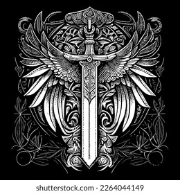 This artwork features a captivating illustration that combines the fierceness of a sword with the elegance of feathered wings, evoking a sense of power and majesty. The intricate details and stunning 