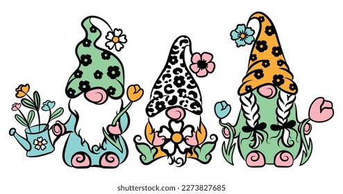 This artwork features charming gnomes dressed in pastel-colored clothes and adorned with beautiful flowers. Their playful and whimsical appearance is accentuated by the striking leopard print.