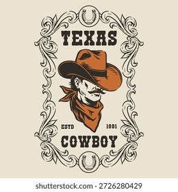 Esta obra de arte apresenta um caubói clássico com um bigode e um chapéu. O design inclui uma bandana e molduras ornamentadas celebrando a cultura do Texas e a vida de cowboy.