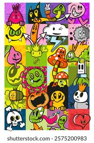 This artwork features a collage of whimsical cartoon characters displayed in bright colors and playful patterns. Various quirky and expressive designs capture imagination and fun.