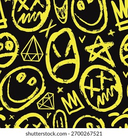 Esta obra de arte presenta una colección de caras y Formas de estilo grunge dibujadas en amarillo brillante.