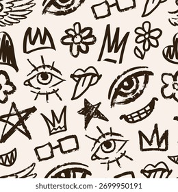 This artwork features a collection of playful doodles created with a marker showcasing various patterns like eyes stars and flowers on a soft beige background.