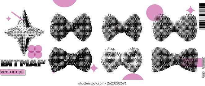 This artwork features a collection of six distinctive bowtie designs rendered in a bitmap style, showcasing y2k and dada influences, accompanied by geometric shapes in a playful composition.