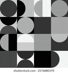 This artwork features a contemporary geometric design with a variety of black and white shapes and patterns