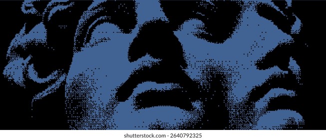 This artwork features a detailed close-up of a classical sculpture, highlighting the expressive face and fine craftsmanship. The contrasting colors elevate the elegance and depth of the piece.