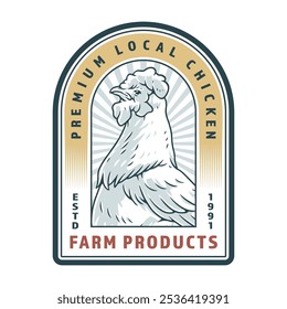 Esta obra de arte apresenta uma ilustração detalhada de um frango, destacando os produtos agrícolas locais premium. Enfatiza a qualidade e a tradição na agricultura.