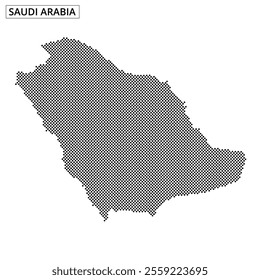 This artwork features a dotted outline of Saudi Arabia, showcasing a minimalist design with abstract lines and patterns in the background.