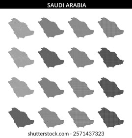 This artwork features a dotted outline of Saudi Arabia, showcasing a minimalist design with abstract lines and patterns in the background.