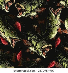 This artwork features a dynamic pattern of bass fish with open mouths among red lures set against a dark background. The design captures movement and excitement of fishing.