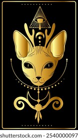 Esta obra de arte apresenta um encantador gato dourado com galhadas, rodeado por intrincados símbolos celestes.