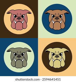 This artwork features four stylised bulldog faces arranged in a grid, each with a fierce expression.