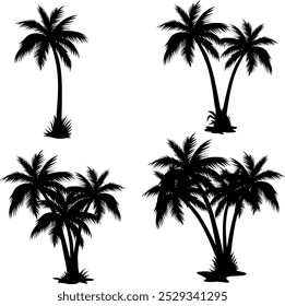 This artwork features four stylized silhouettes of palm trees arranged in a creative layout. Each tree showcases unique shapes and heights, symbolizing tropical paradise and serenity.