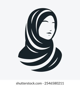 This artwork features a graceful silhouette of a woman adorned with a hijab, symbolizing cultural heritage and elegance through its minimalist design and monochrome palette.