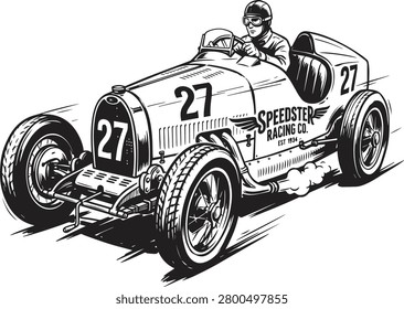 This artwork features a highly dynamic and intricately detailed vintage vector illustration of a classic open-wheel racing car (Vintage Racing Car). Captured from an aggressive front-angle perspective, the design depicts a racer with a helmet and goggles speeding down a track, accented by exhaust smoke. Executed in a dramatic monochrome ink style, it showcases vintage typography that reads 