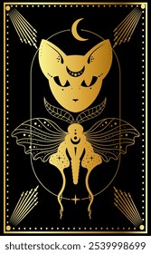 This artwork features a majestic cat paired with an intricate moth, framed by celestial motifs, all rendered in shimmering gold against a deep black backdrop, evoking a sense of mystery and wonder.