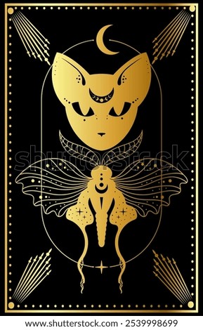 This artwork features a majestic cat paired with an intricate moth, framed by celestial motifs, all rendered in shimmering gold against a deep black backdrop, evoking a sense of mystery and wonder.
