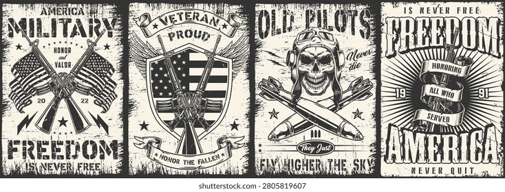 This artwork features military logos emphasizing freedom and honor. It showcases symbols like flags weapons and words celebrating veterans and those who served.