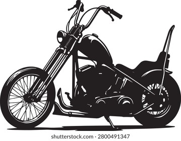 This artwork features a powerful and highly detailed vintage vector illustration of a custom classic chopper motorcycle (Vintage Chopper Motorcycle). Captured from a distinctive side profile, the design utilizes a bold monochrome ink style with heavy black silhouettes and sharp line contours against a clean white background. The graphic beautifully emphasizes the iconic chopper traits, including the extended front forks, high ape-hanger handlebars, a detailed V-twin engine structure, a custom teardrop fuel tank, and a classic sissy bar rear end. This old-school automotive illustration is exceptionally versatile, making it perfect for custom biker t-shirt prints, retro garage logos, motorcycle club branding, vinyl decals, and contemporary wall poster designs.