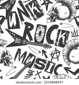 This artwork features a punk rock music theme with elements like guitars skulls and safety pins. The bold graphics convey an edgy style typical of punk culture perfect for music lovers.