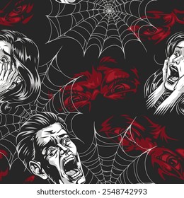 Esta obra de arte presenta un patrón repetitivo de rostros aterrorizados entrelazados con telas de araña contra un fondo oscuro que evoca una sensación de horror y suspenso típica de los temas de Halloween.