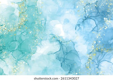 This artwork features a serene and dreamy fluid art background in shades of teal, aqua, and blue. The watercolor-like swirls blend seamlessly to create a soothing oceanic feel, while elegant gold foil