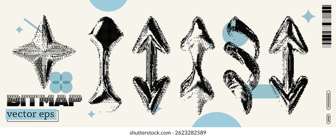 This artwork features a series of unique bitmap designs reflecting y2k and dada aesthetics, incorporating abstract shapes and stylized arrows in a playful arrangement on a pastel background.