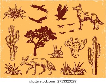 Esta obra de arte apresenta silhuetas de animais e plantas do deserto. Incluem-se raposas, aves e vários cactos e árvores que representam um ecossistema desértico vibrante ao pôr do sol.