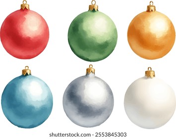 This artwork features six distinct Christmas ornaments, beautifully illustrated in watercolor style. Arranged in two rows, the vibrant colors add a joyful touch to holiday decorations.