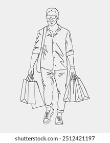 This artwork features a striking black and white drawing that illustrates a man carrying multiple bags, showcasing his posture and movement
