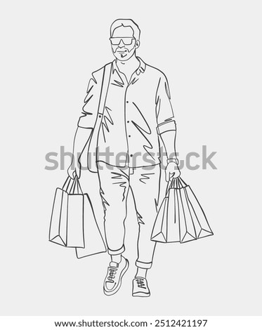 This artwork features a striking black and white drawing that illustrates a man carrying multiple bags, showcasing his posture and movement