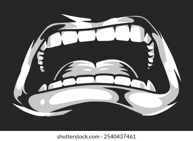 This artwork features a striking illustration of an open mouth with sharp teeth conveying intense emotion. The design stands out against a dark background.