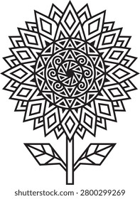 This artwork features a striking stylized geometric interpretation of a sunflower, intricately designed like a sacred mandala. Blending tribal and modern aesthetics, the vector illustration uses sharp lines, diamond shapes, and spiral central elements to create perfect symmetrical beauty. Its clean, monochrome appearance makes it highly versatile. This unique graphic element is perfectly suited for wellness branding, creative logos, artistic tattoo designs, stencil printing, textile patterns, and contemporary minimalist wall decor