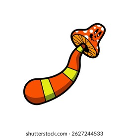 This artwork features a stylized mushroom in vibrant orange and yellow hues, showcasing a playful skull design on the cap. The background is plain, enhancing the illustration's detail.
