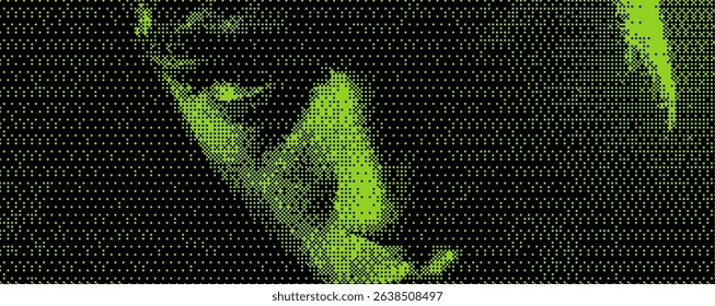 This artwork features a stylized portrait rendered in various shades of green, exhibiting abstract shapes and textures that evoke emotion and intrigue.