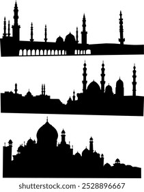 Esta obra de arte apresenta três silhuetas distintas de mesquitas icônicas, apresentando intrincadas cúpulas e minaretes. O design em camadas destaca o significado cultural dessas maravilhas arquitetônicas.