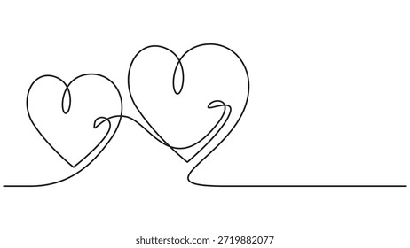Esta obra de arte presenta dos corazones interconectados a través de una línea negra continua sobre un fondo blanco, que simboliza el amor, la conexión y la unidad en un estilo minimalista y elegante adecuado 