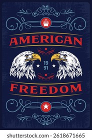 Esta obra de arte apresenta duas majestosas águias voltadas uma para a outra adornadas com um layout de estilo vintage. As cores vermelho, branco e azul são proeminentes mostrando o patriotismo americano.