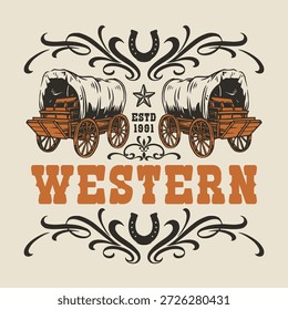 Esta obra de arte apresenta dois vagões ocidentais vintage com rodas de madeira e capas de lona. O estilo lembra a antiga fronteira americana enfatizando um charme rústico.