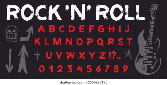 This artwork features a unique rock and roll themed alphabet showcasing stylized letters and symbols. It includes a guitar image and playful elements like arrows and a skull.