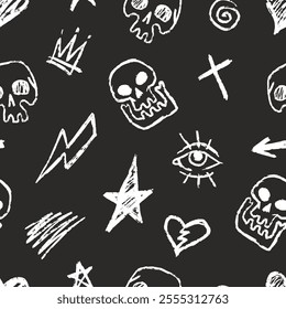 This artwork features a variety of hand-drawn symbols and skulls on a black background. The design includes stars hearts and lightning creating a bold aesthetic.