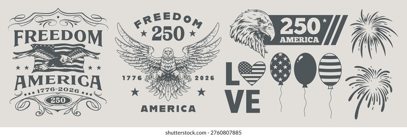 This artwork features various designs celebrating 250 years of America. It includes symbols like the eagle fireworks and balloons. The designs reflect themes of freedom and unity.