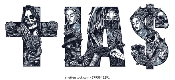 This artwork features various