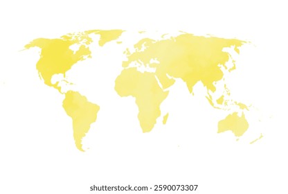 This artwork features a vector world map design rendered in a soft watercolor texture with gentle yellow hues. It emphasizes the continents and provides a creative representation of global geography.