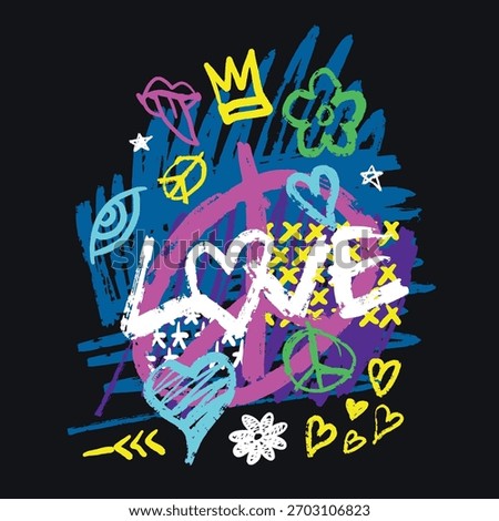 This artwork features vibrant colors and playful designs including hearts flowers and symbols creating a lively expression of love and peace in a grunge style.
